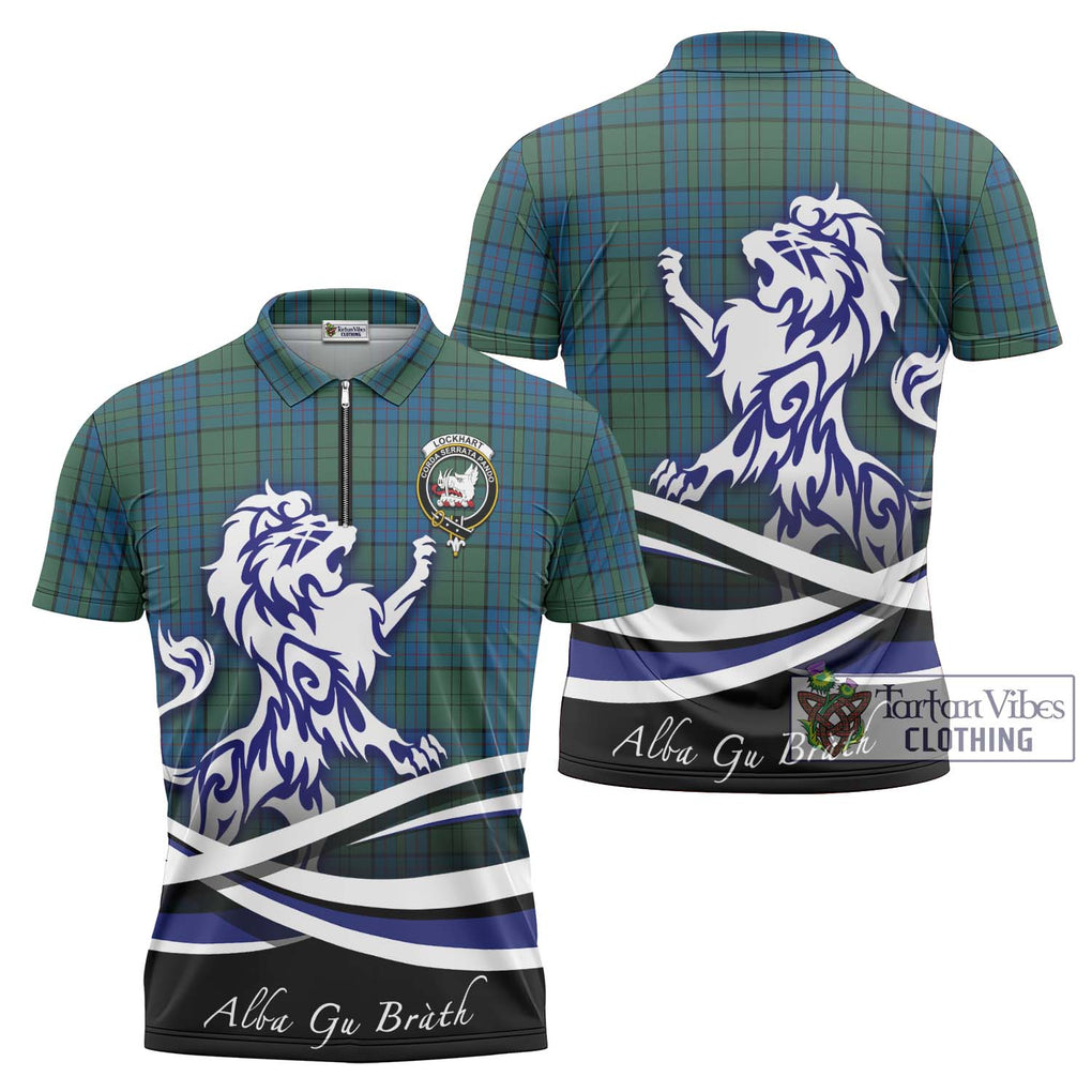 Lockhart Tartan Zipper Polo Shirt with Alba Gu Brath Regal Lion Emblem Unisex - Tartan Vibes Clothing