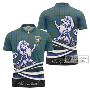 Lockhart Tartan Zipper Polo Shirt with Alba Gu Brath Regal Lion Emblem Unisex - Tartan Vibes Clothing