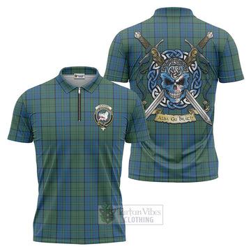 Lockhart Tartan Zipper Polo Shirt with Family Crest Celtic Skull Style Unisex - Tartan Vibes Clothing