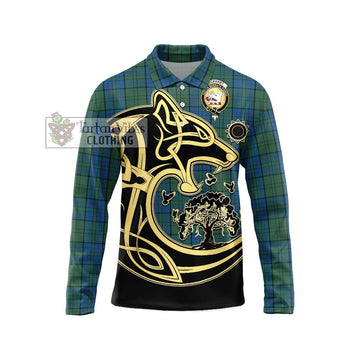 Lockhart Tartan Long Sleeve Polo Shirt with Family Crest Celtic Wolf Style Unisex - Tartan Vibes Clothing