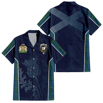 Lockhart Tartan Short Sleeve Button Up Shirt with Family Crest and Scottish Thistle Vibes Sport Style