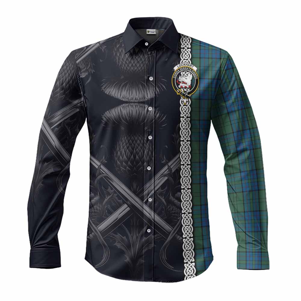 Tartan Vibes Clothing Lockhart Tartan Long Sleeve Button Shirt with Family Crest Cross Sword Thistle Celtic Vibes