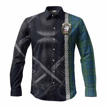 Tartan Vibes Clothing Lockhart Tartan Long Sleeve Button Shirt with Family Crest Cross Sword Thistle Celtic Vibes