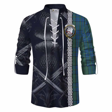 Lockhart Tartan Ghillie Kilt Shirt with Family Crest Cross Sword Thistle Celtic Vibes Men - Tartan Vibes Clothing