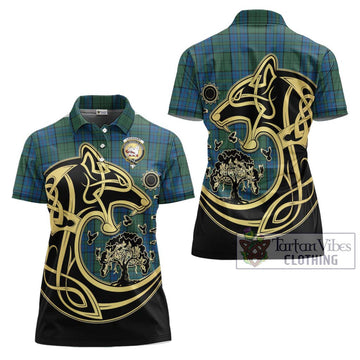 Lockhart Tartan Women's Polo Shirt with Family Crest Celtic Wolf Style Women - Tartan Vibes Clothing