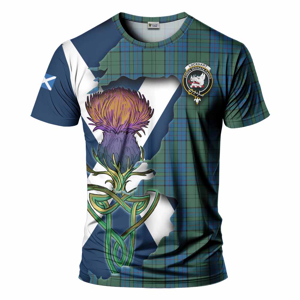 Tartan Vibes Clothing Lockhart Tartan Family Crest T-Shirt Scottish Thistle Celtic Inspired