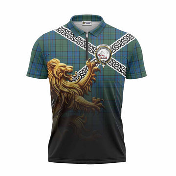 Lockhart Crest Tartan Zipper Polo Shirt with Golden Lion Emblem Celtic Style Unisex - Tartan Vibes Clothing