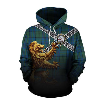 Tartan Vibes Clothing Lockhart Crest Tartan Cotton Hoodie with Golden Lion Emblem Celtic Style