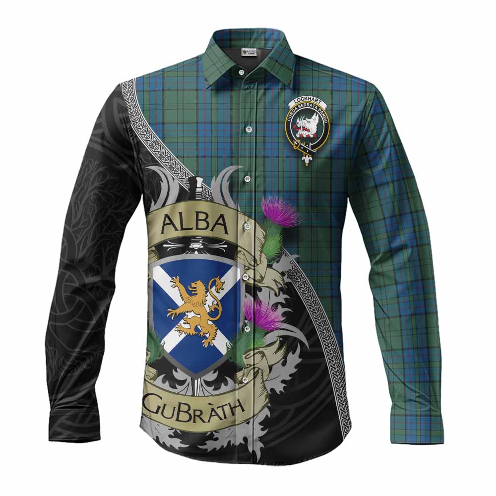 Lockhart Tartan Family Crest Long Sleeve Button Shirt Lion Rampant Royal Thistle Shield Celtic Inspired Men's Shirt S - Tartan Vibes Clothing