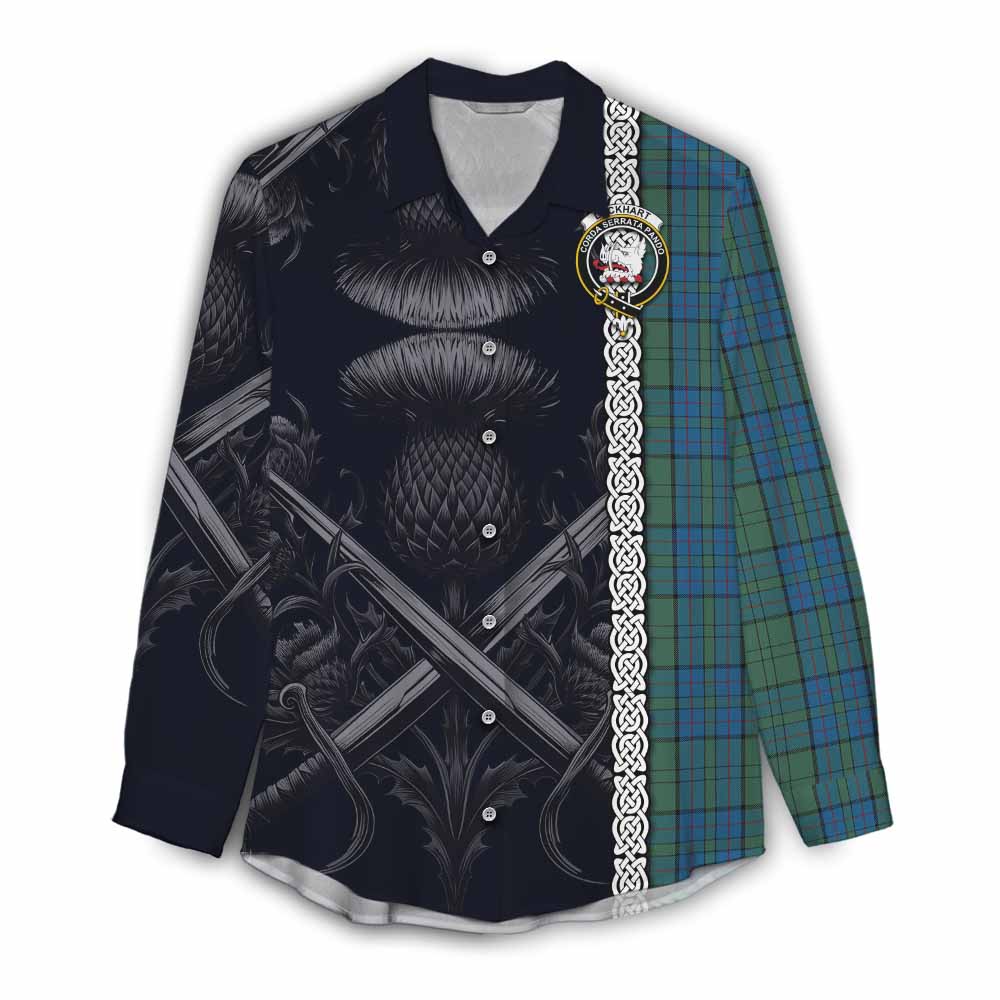 Lockhart Tartan Women's Casual Shirt with Family Crest Cross Sword Thistle Celtic Vibes Female - Tartan Vibes Clothing