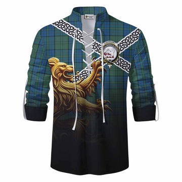 Lockhart Crest Tartan Ghillie Kilt Shirt with Golden Lion Emblem Celtic Style Men - Tartan Vibes Clothing