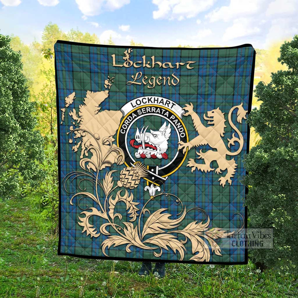 Tartan Vibes Clothing Lockhart Tartan Quilt with Family Crest and Scottish Symbol Style
