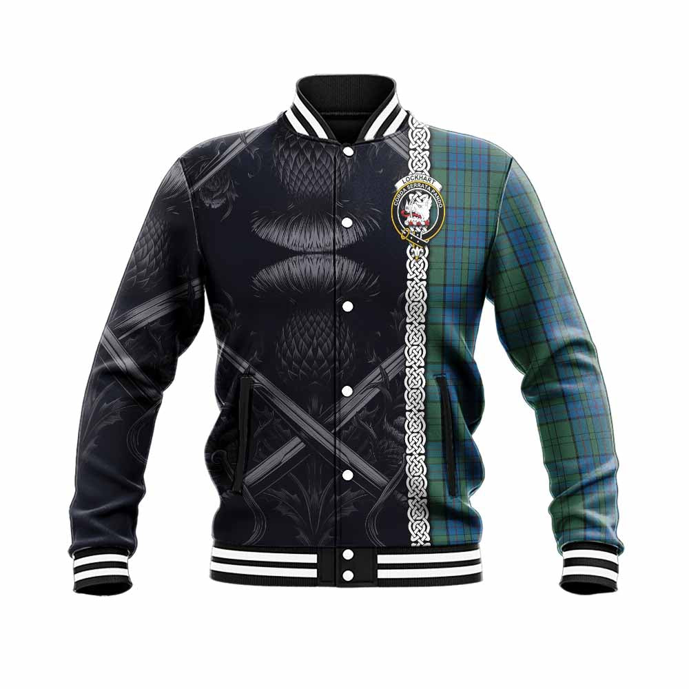 Lockhart Tartan Baseball Jacket with Family Crest Cross Sword Thistle Celtic Vibes Unisex - Tartan Vibes Clothing
