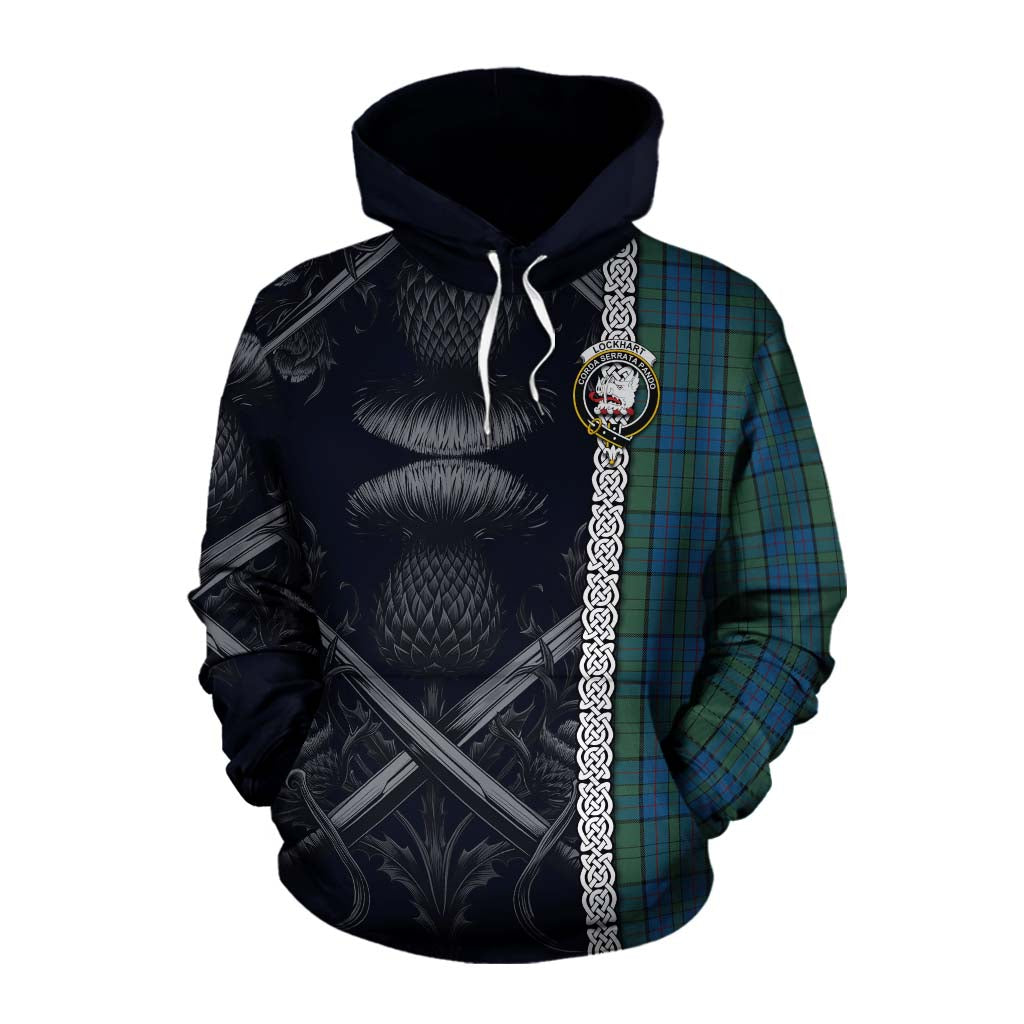 Lockhart Tartan Cotton Hoodie with Family Crest Cross Sword Thistle Celtic Vibes Pullover Hoodie XS - Tartan Vibes Clothing