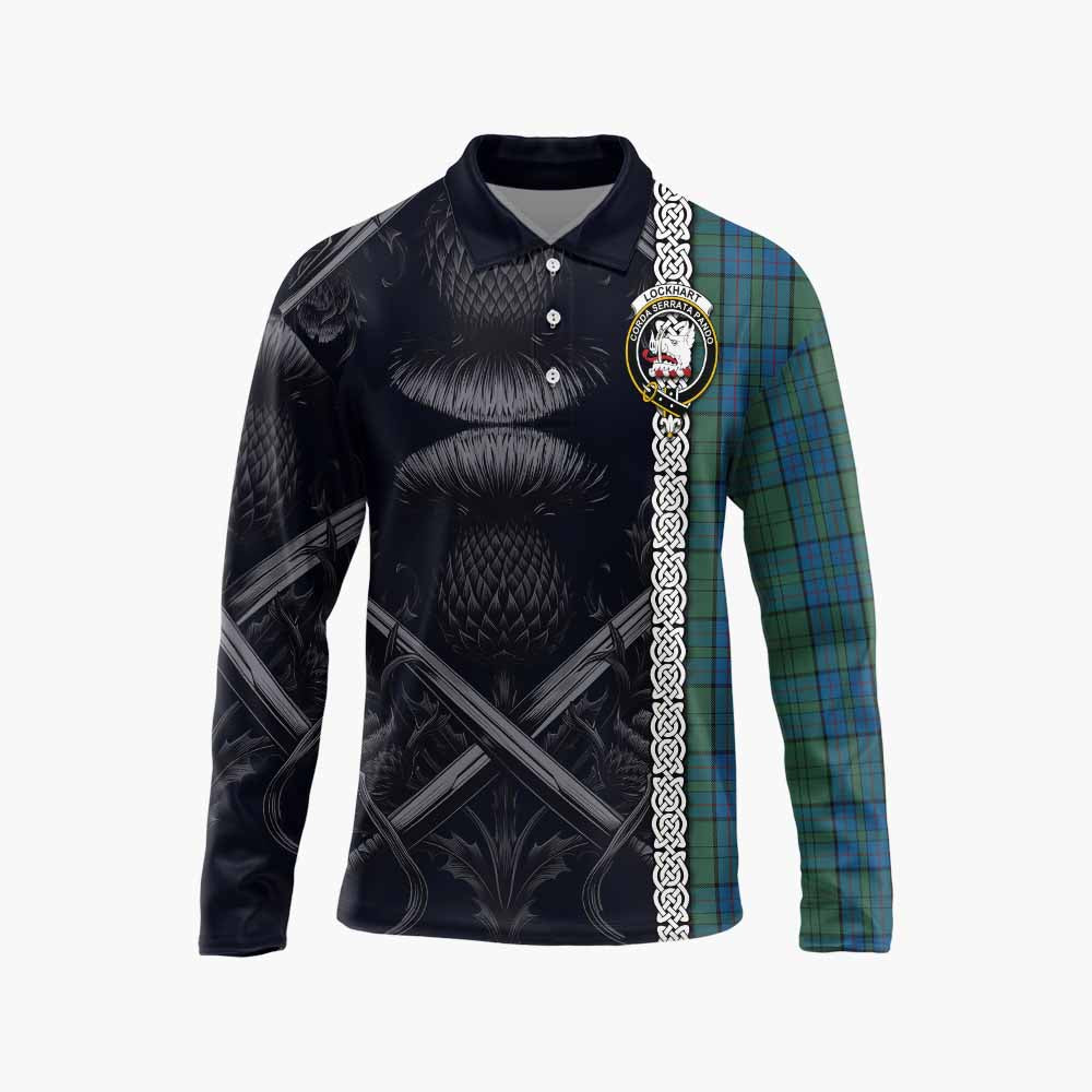 Lockhart Tartan Long Sleeve Polo Shirt with Family Crest Cross Sword Thistle Celtic Vibes Unisex - Tartan Vibes Clothing