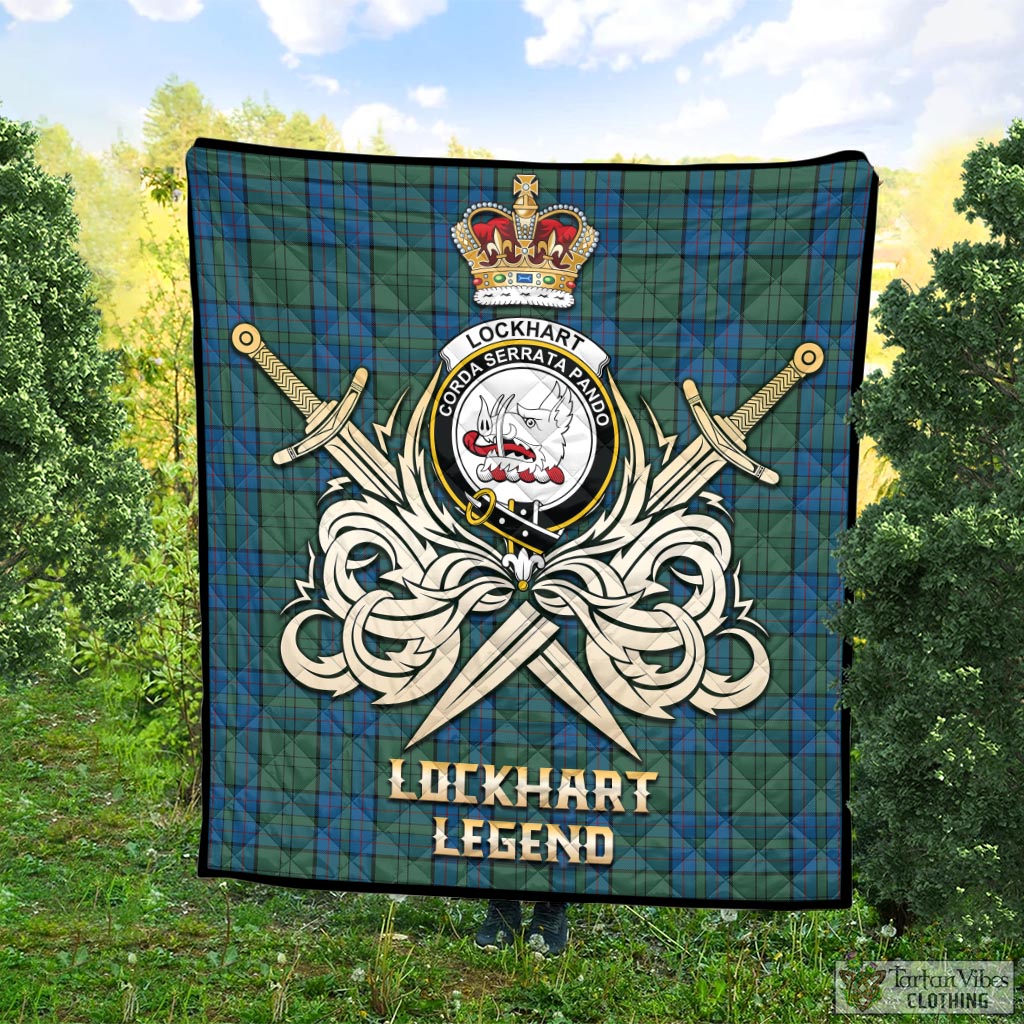 Tartan Vibes Clothing Lockhart Tartan Quilt with Clan Crest and the Golden Sword of Courageous Legacy