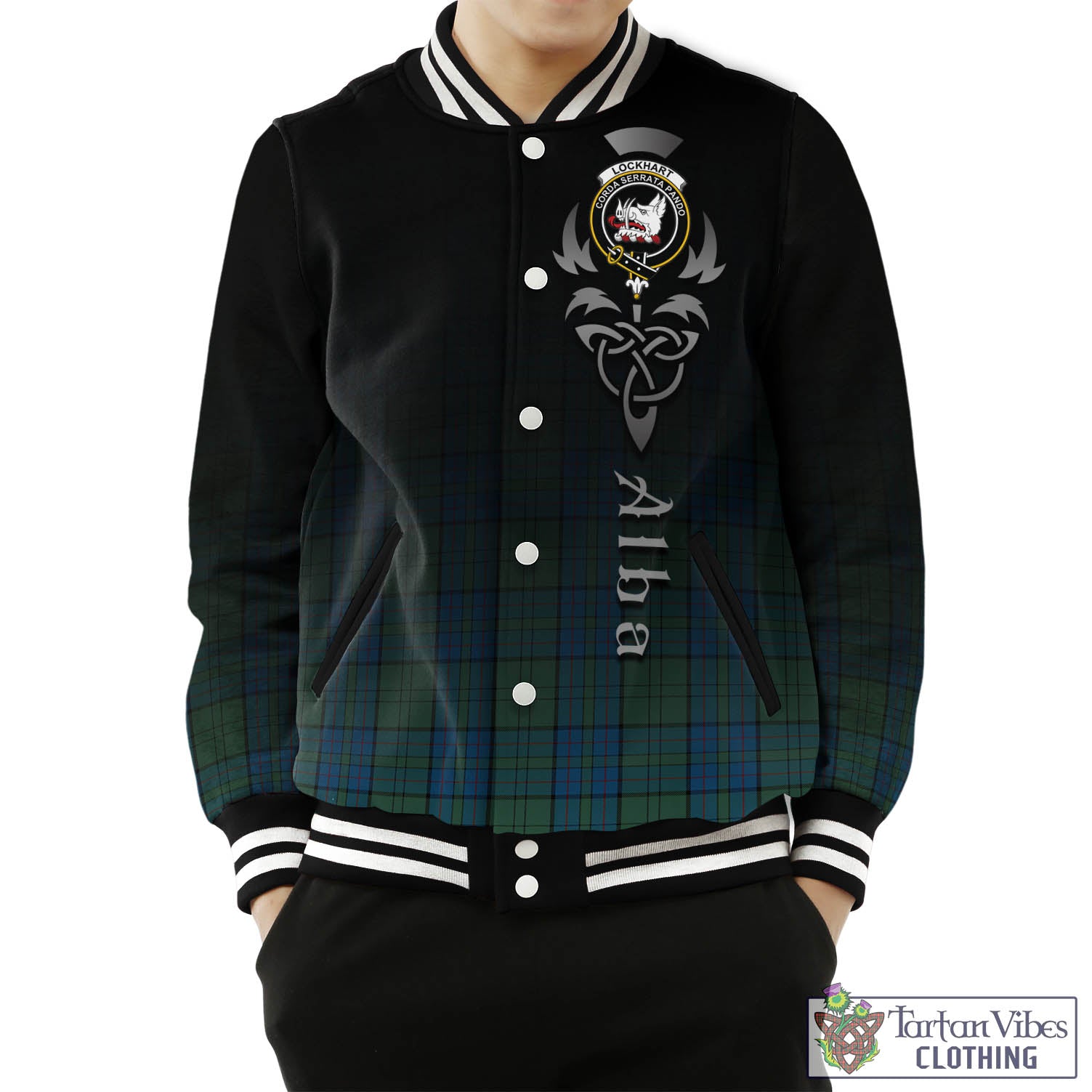 Lockhart Tartan Baseball Jacket Featuring Alba Gu Brath Family Crest Celtic Inspired Unisex - Tartan Vibes Clothing
