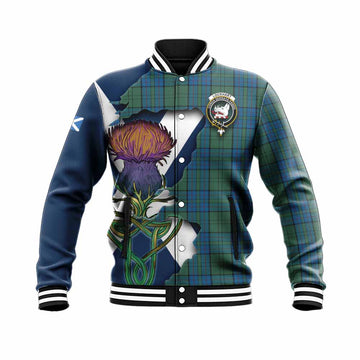 Tartan Vibes Clothing Lockhart Tartan Family Crest Baseball Jacket Scottish Thistle Celtic Inspired
