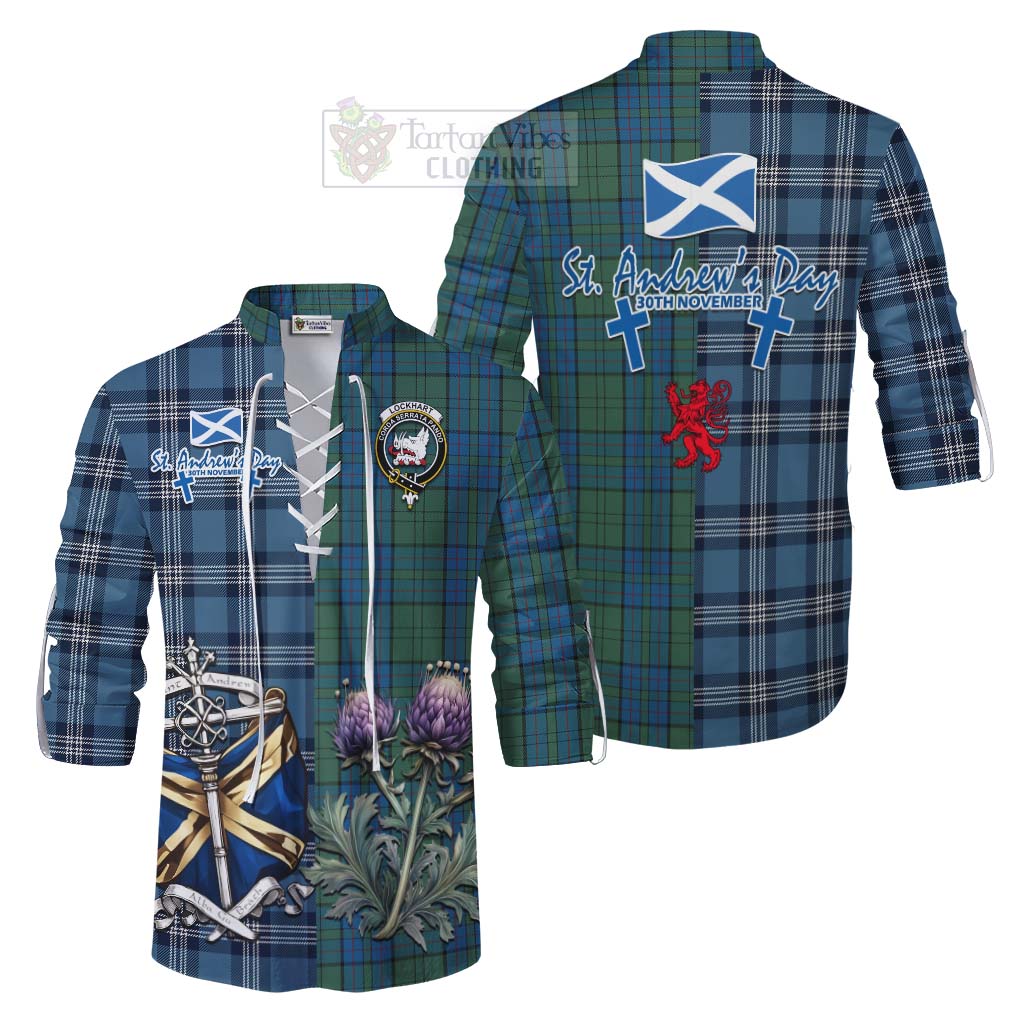 Lockhart Tartan Ghillie Kilt Shirt Happy St. Andrew's Day Half Tartan Style Men - Tartan Vibes Clothing