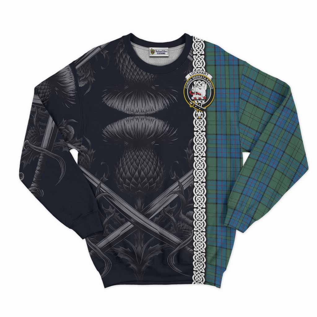 Lockhart Tartan Sweatshirt with Family Crest Cross Sword Thistle Celtic Vibes Unisex - Tartan Vibes Clothing