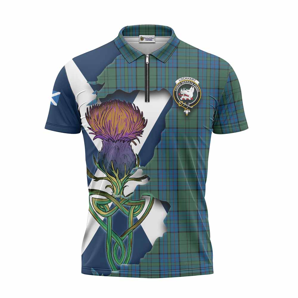 Lockhart Tartan Family Crest Zipper Polo Shirt Scottish Thistle Celtic Inspired Unisex - Tartan Vibes Clothing