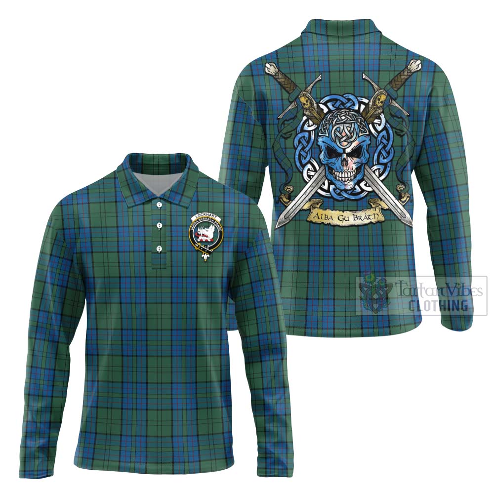 Lockhart Tartan Long Sleeve Polo Shirt with Family Crest Celtic Skull Style Unisex - Tartan Vibes Clothing