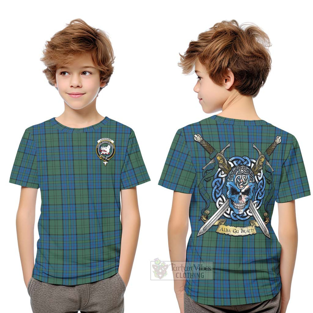 Lockhart Tartan Kid T-Shirt with Family Crest Celtic Skull Style Youth XL Size14 - Tartan Vibes Clothing