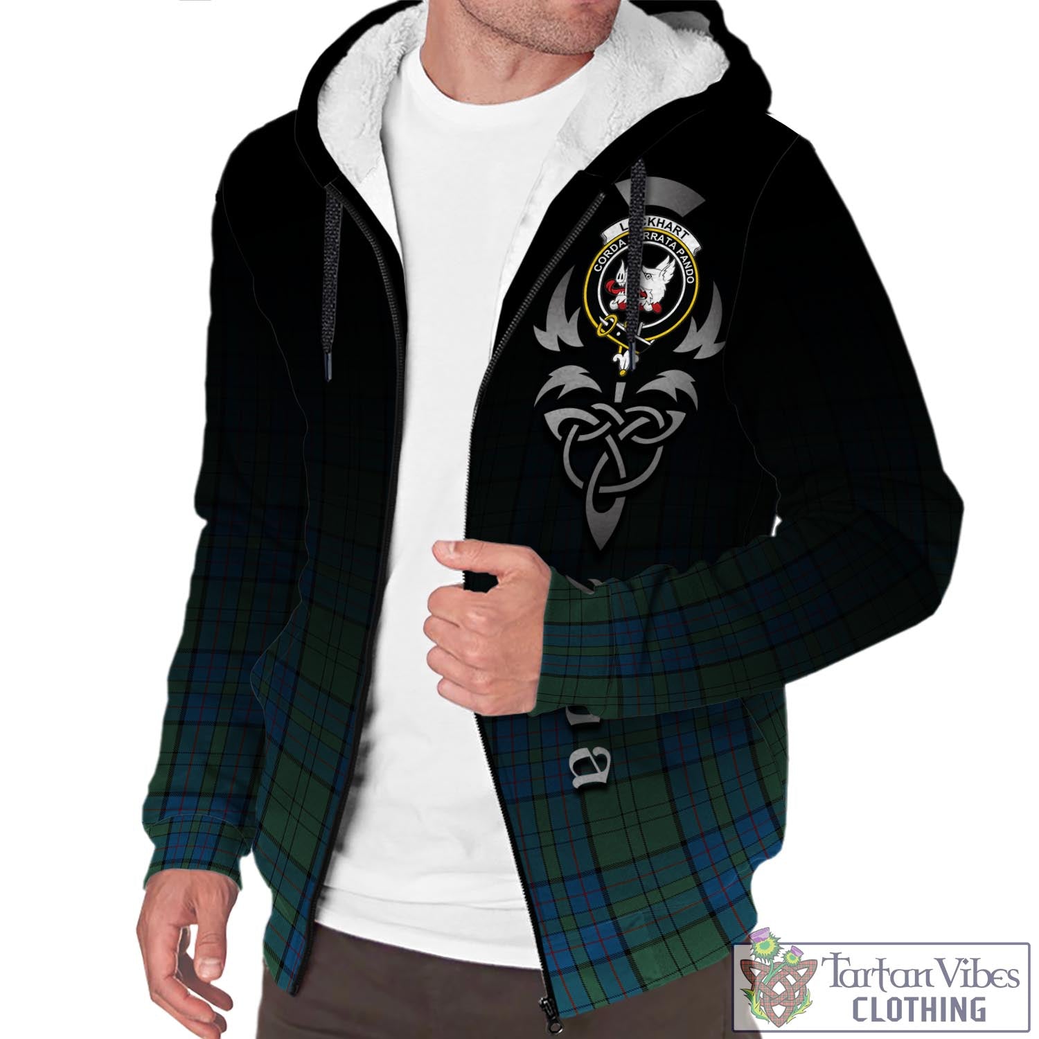 Lockhart Tartan Sherpa Hoodie Featuring Alba Gu Brath Family Crest Celtic Inspired Unisex - Tartan Vibes Clothing