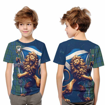 Lockhart Tartan Family Crest Kid T-Shirt with Scottish Majestic Lion Youth XL Size14 - Tartan Vibes Clothing