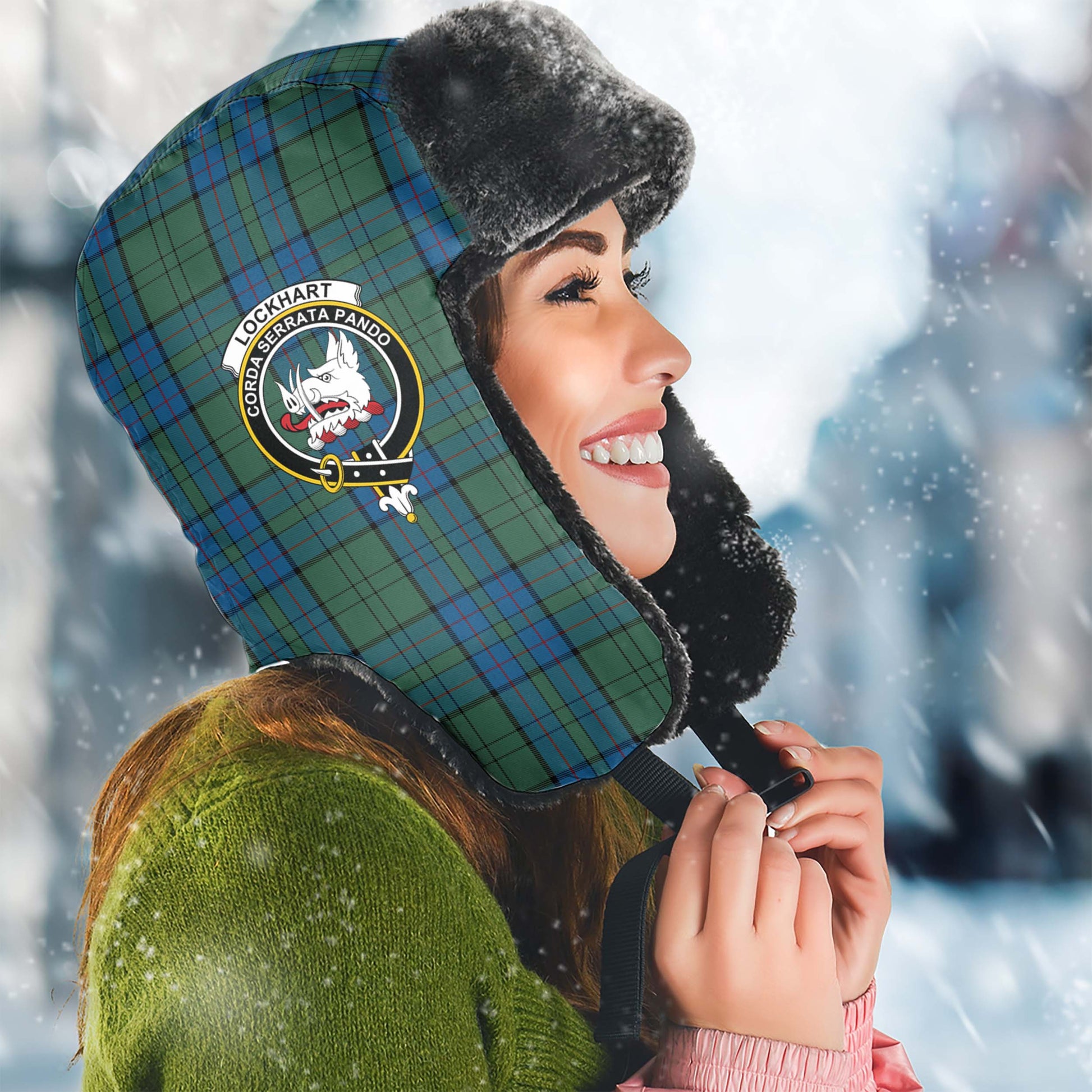 Lockhart Tartan Winter Trapper Hat with Family Crest Winter Trapper Hat Universal Fit Circumference 22.8in (58cm) - Tartan Vibes Clothing