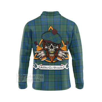 Lockhart Tartan Long Sleeve Polo Shirt with Family Crest and Bearded Skull Holding Bottles of Whiskey - Tartan Vibes Clothing
