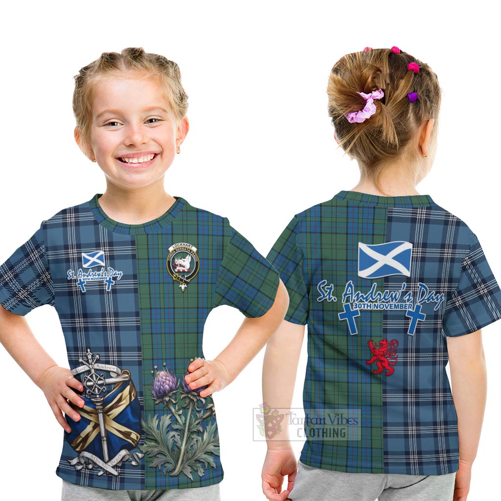 Lockhart Tartan Kid T-Shirt Happy St. Andrew's Day Half Tartan Style - Tartan Vibes Clothing