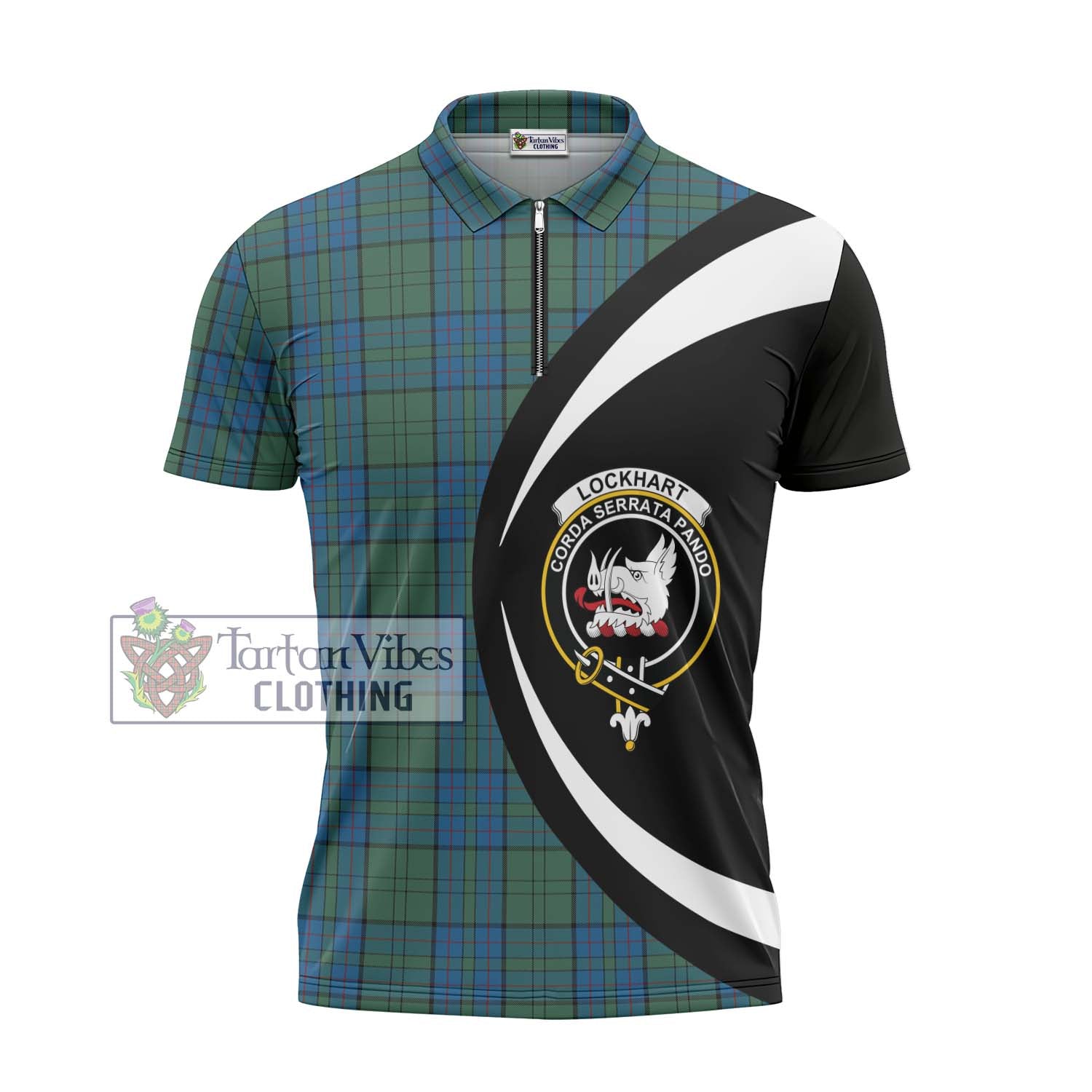 Lockhart Tartan Zipper Polo Shirt with Family Crest Circle Style - Tartan Vibes Clothing