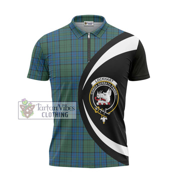 Lockhart Tartan Zipper Polo Shirt with Family Crest Circle Style - Tartan Vibes Clothing