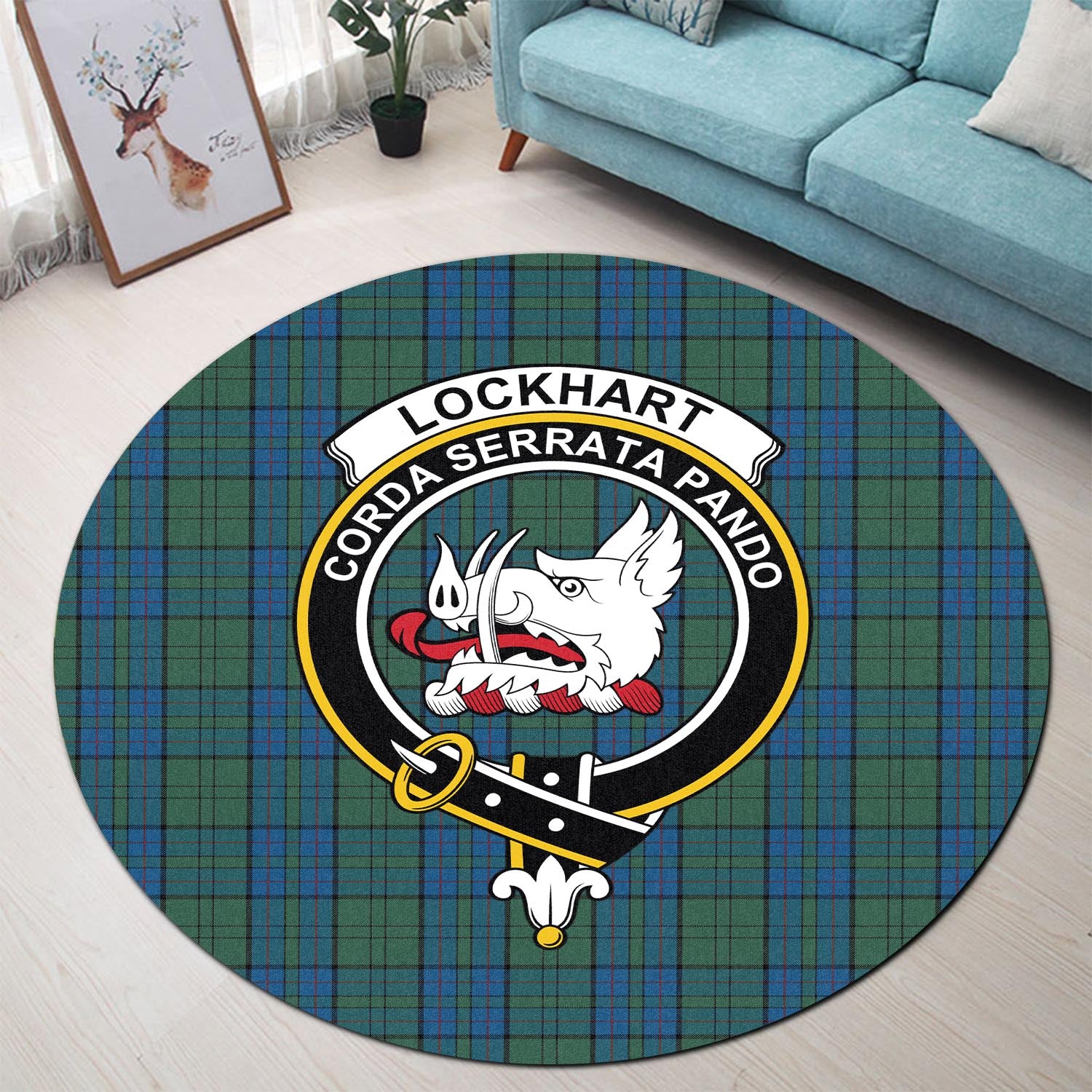 Lockhart Tartan Round Rug with Family Crest - Tartan Vibes Clothing