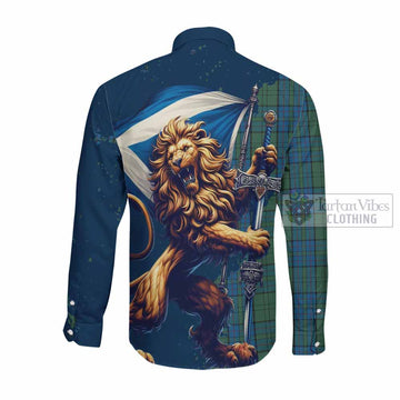 Lockhart Tartan Family Crest Long Sleeve Button Shirt with Scottish Majestic Lion Men's Shirt - Tartan Vibes Clothing