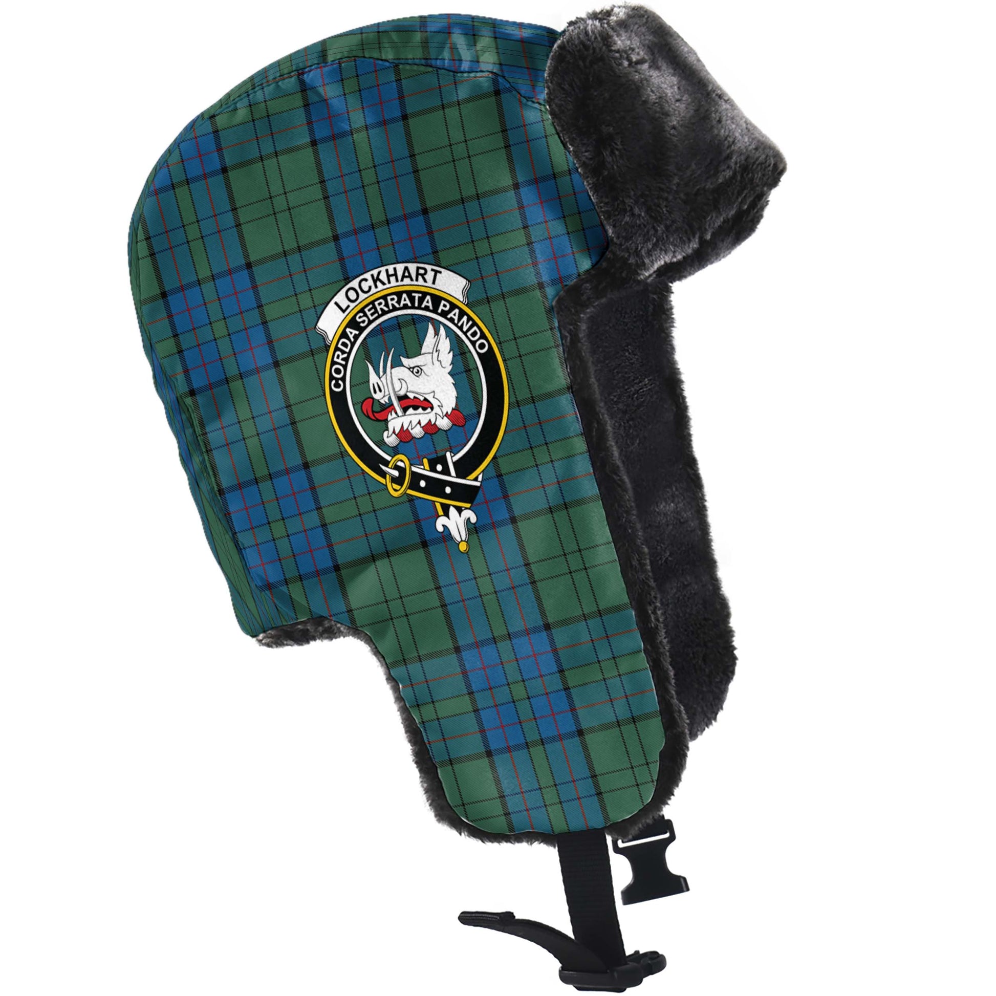 Lockhart Tartan Winter Trapper Hat with Family Crest - Tartan Vibes Clothing