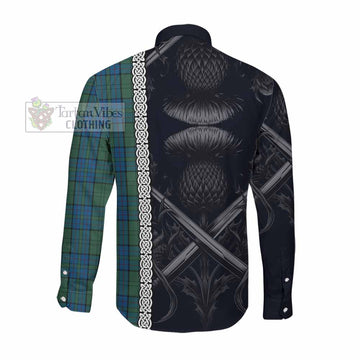 Tartan Vibes Clothing Lockhart Tartan Long Sleeve Button Shirt with Family Crest Cross Sword Thistle Celtic Vibes