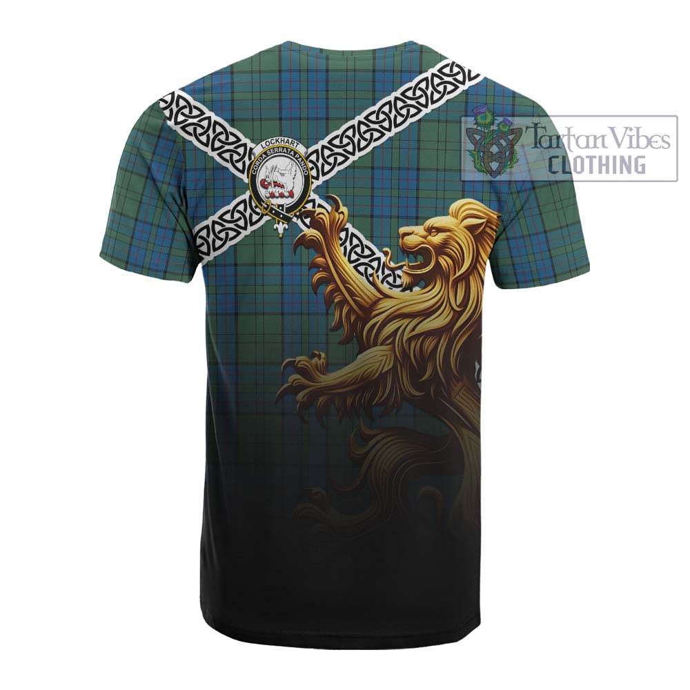 Lockhart Crest Tartan Cotton T-shirt with Golden Lion Emblem Celtic Style - Tartan Vibes Clothing