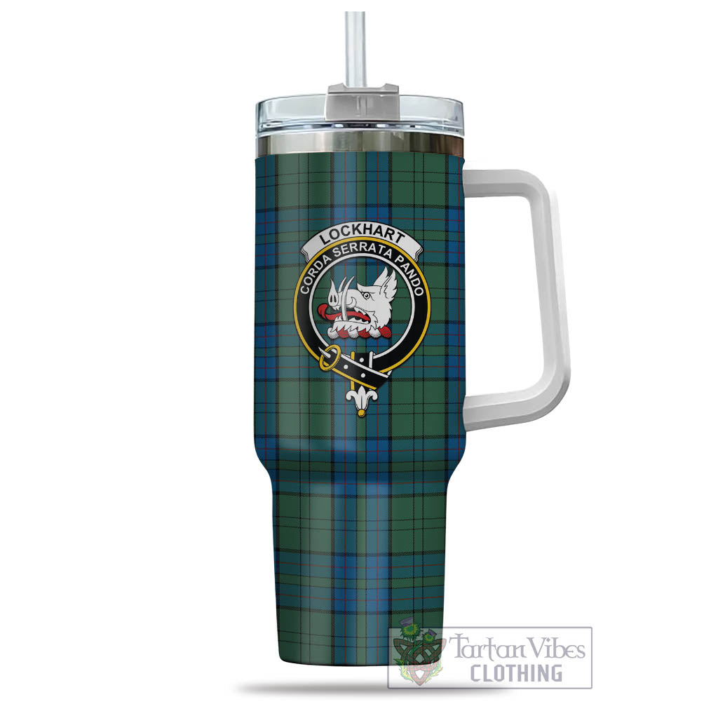 Lockhart Tartan Tumbler with Handle with Family Crest - Tartan Vibes Clothing