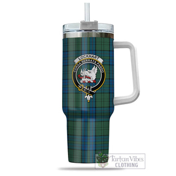 Lockhart Tartan Tumbler with Handle with Family Crest - Tartan Vibes Clothing