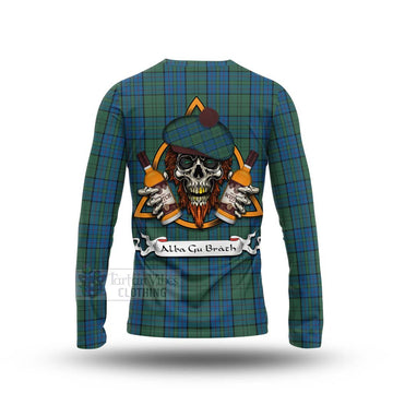 Lockhart Tartan Long Sleeve T-Shirt with Family Crest and Bearded Skull Holding Bottles of Whiskey - Tartan Vibes Clothing