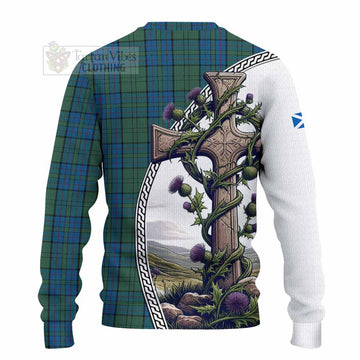 Lockhart Tartan Knitted Sweater with Family Crest and St. Andrew's Cross Accented by Thistle Vines - Tartan Vibes Clothing