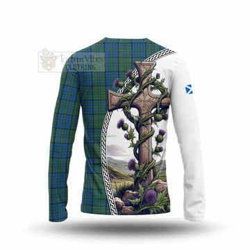 Lockhart Tartan Long Sleeve T-Shirt with Family Crest and St. Andrew's Cross Accented by Thistle Vines - Tartan Vibes Clothing