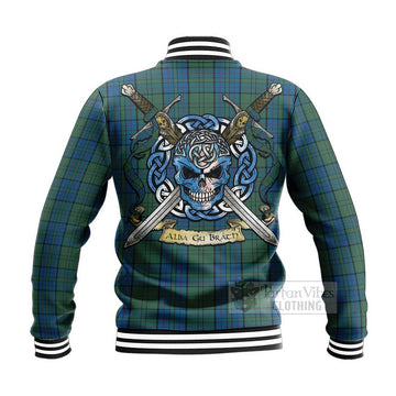 Lockhart Tartan Baseball Jacket with Family Crest Celtic Skull Style - Tartan Vibes Clothing