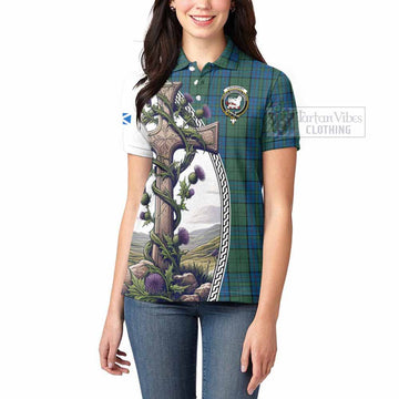 Lockhart Tartan Women's Polo Shirt with Family Crest and St. Andrew's Cross Accented by Thistle Vines - Tartan Vibes Clothing
