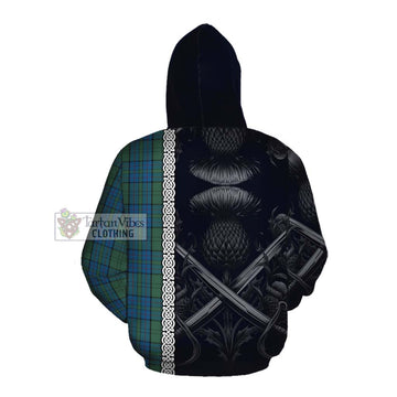 Lockhart Tartan Cotton Hoodie with Family Crest Cross Sword Thistle Celtic Vibes Pullover Hoodie - Tartan Vibes Clothing