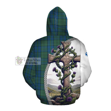 Lockhart Tartan Cotton Hoodie with Family Crest and St. Andrew's Cross Accented by Thistle Vines Pullover Hoodie - Tartan Vibes Clothing