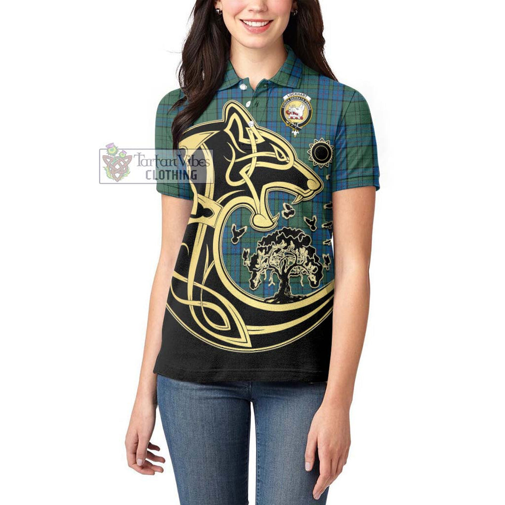 Lockhart Tartan Women's Polo Shirt with Family Crest Celtic Wolf Style - Tartan Vibes Clothing