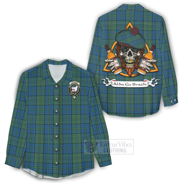 Lockhart Tartan Women's Casual Shirt with Family Crest and Bearded Skull Holding Bottles of Whiskey - Tartan Vibes Clothing